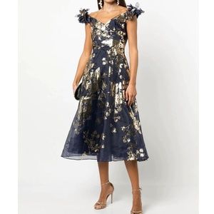 Marchesa Notte navy and gold organza midi cocktail dress, size 8,  new with tags